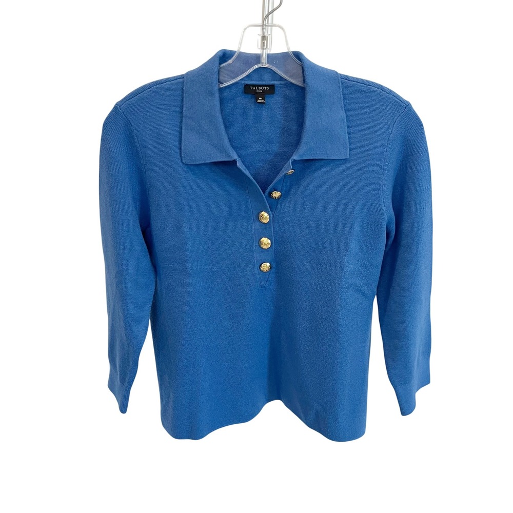Talbots Blue Knit‎ Polo Sweater Gold Crest Button Collared Top Classic Size MP